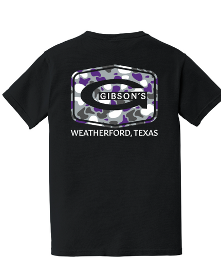 Black Comfort Colors T-Shirt with the Gibson's Duck Camo Logo