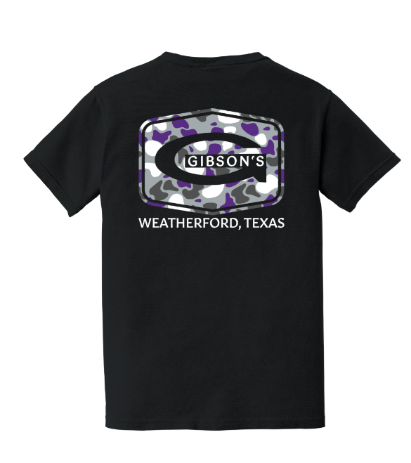 Black Comfort Colors T-Shirt with the Gibson's Duck Camo Logo