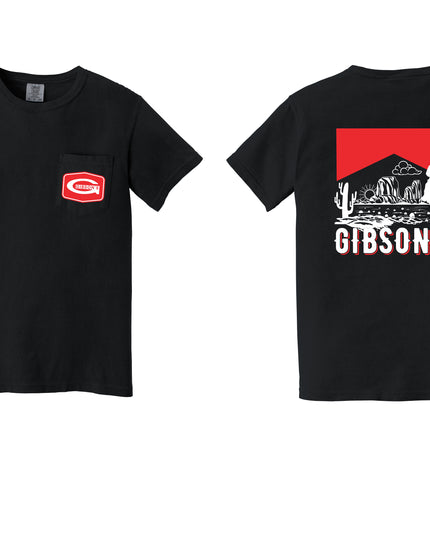 Black short-sleeve T-shirt shown from the front and back on a white background. The front has a small red chest logo with a white circular emblem.